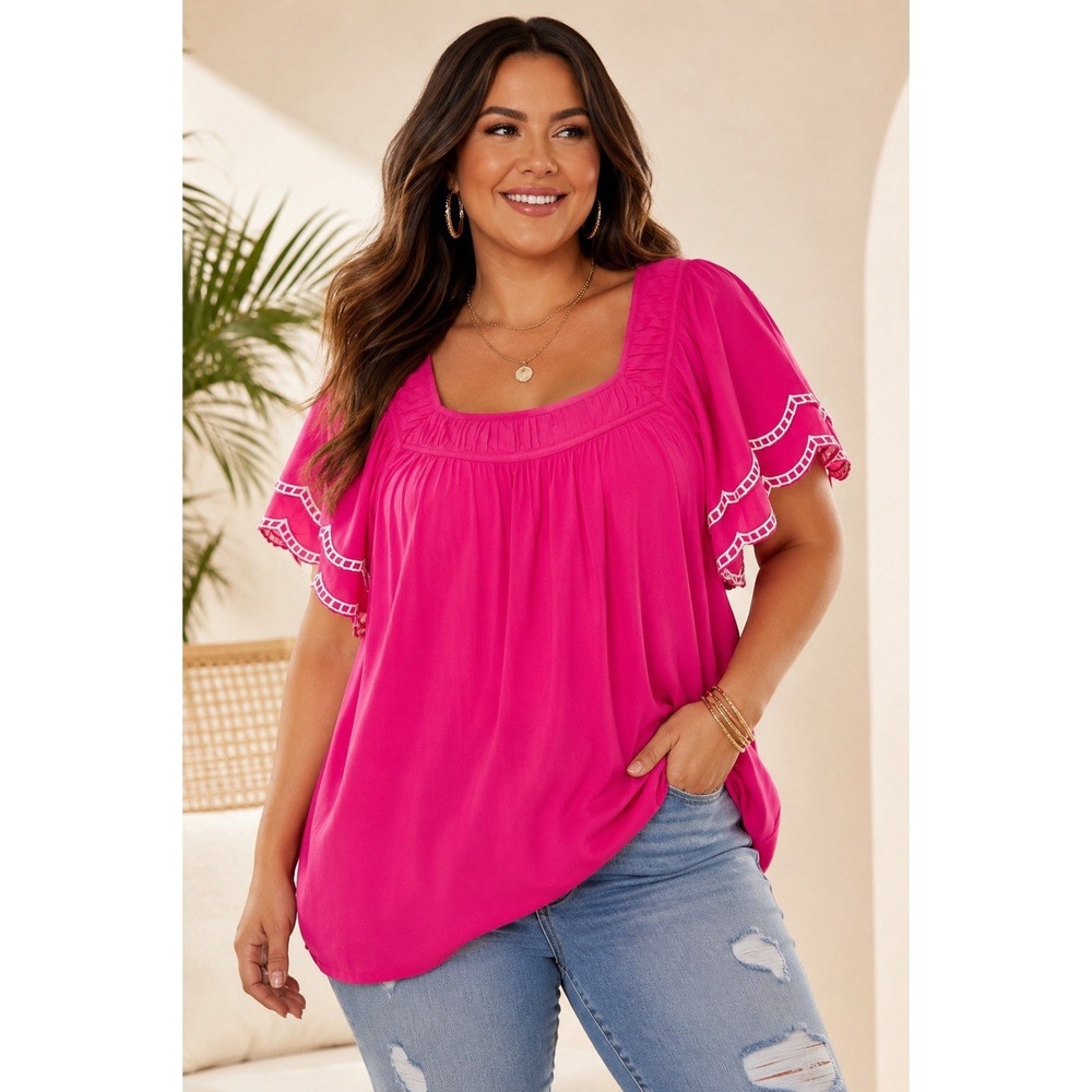 Lane Bryant Fushia Pink‎ Peasant Top Women's 22 Rayon Flutter Sleeve Embroidered